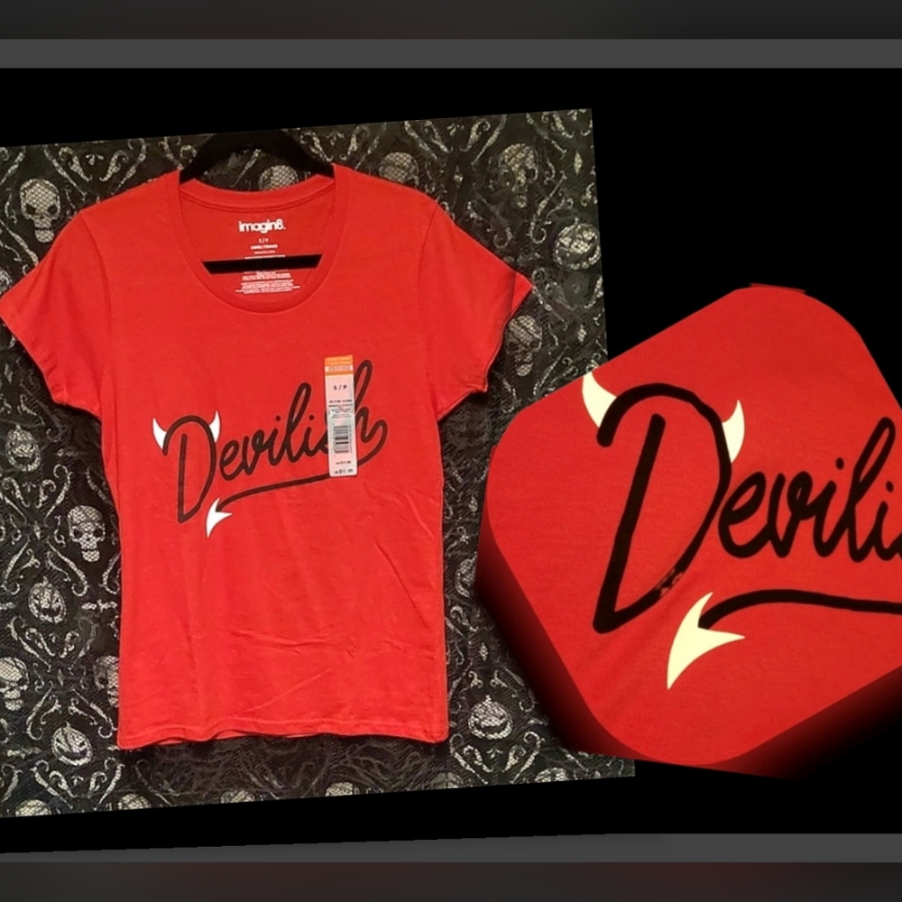 Imagin8 red devil horns & tail Devilish graphics Halloween t shirt S NWT - Picture 2 of 16